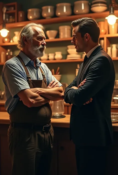 An angry old man who owns a restaurant talking to the young man from the weapons factory 