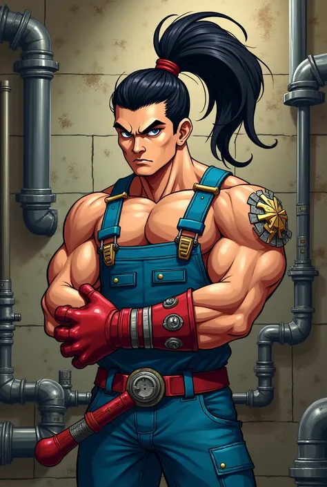 PLUMBER WITH SAMURAI PONYTAIL CUT,ESTILO HEAVY METAL CARTOON 