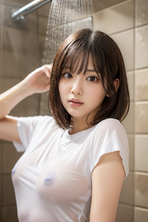 ((BeigeＴPut on a shirt、))、((Taking a shower))、((Whole Body Ezbian))、((Cowboy Shot))、((BeigeＴPut on a shirt、))、first class、The true picture、Intricate details、Ultra-high resolution、Depth Field、masterpiece、Professional Lighting、 ((short hair)),Very cute face,...