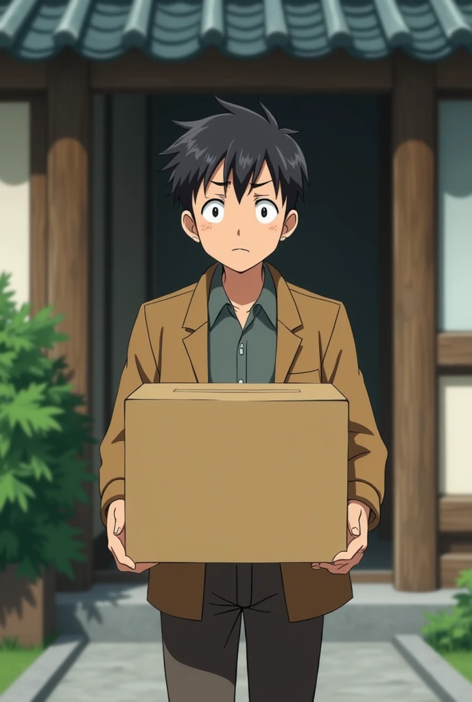 In the style of a Ghibli movie。Delivery man。He has a troubled look on his face while carrying a cardboard box.。In front of the entrance to a house。Your body is facing the entrance.。Face slightly towards the camera。