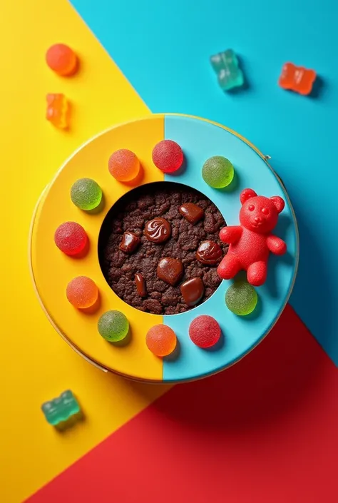 work on an image of a yellow, blue and red cookie packaging for some chocolate cookies with gummy bears