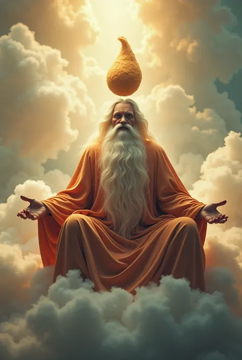 Shit on the head of the typical god with a beard and on a cloud