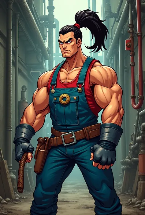 PLUMBER WITH SAMURAI PONYTAIL CUT,ESTILO HEAVY METAL CARTOON 