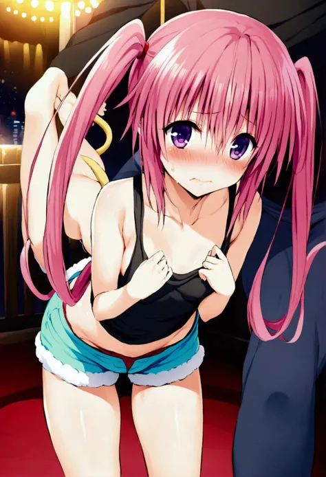 NSFW,masterpiece,Highest quality,High resolution,Very detailed,Nana Asta Deviluke(To Love-Ru),Pink Hair,Purple Eyes,long hair,Twin tails,tail,Small breasts,Tank top,Shorts,Knee-high socks,Embarrassed,is nervous,Nightlife