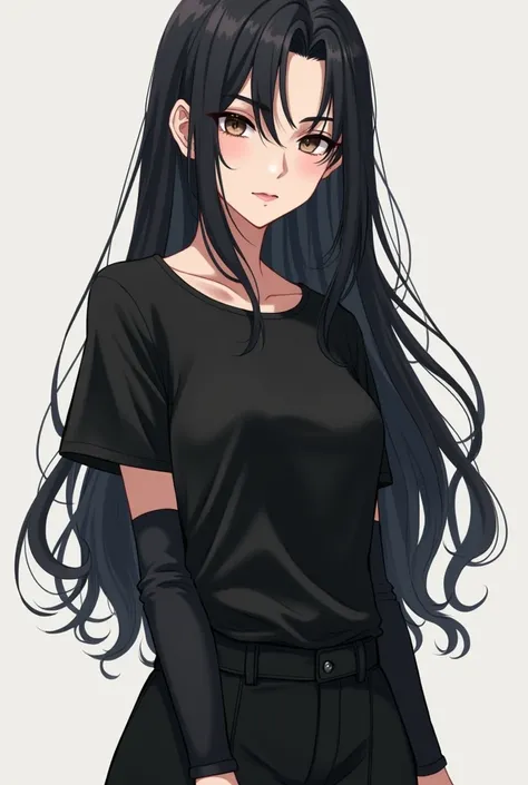 An anime girl with long, loose, wavy black hair reaching her waist with a serious face wearing a black short-sleeved shirt with black nails, black sleeves from the wrist to the elbow, black wide-leg pants, white tennis shoes with pale white skin, feminine 