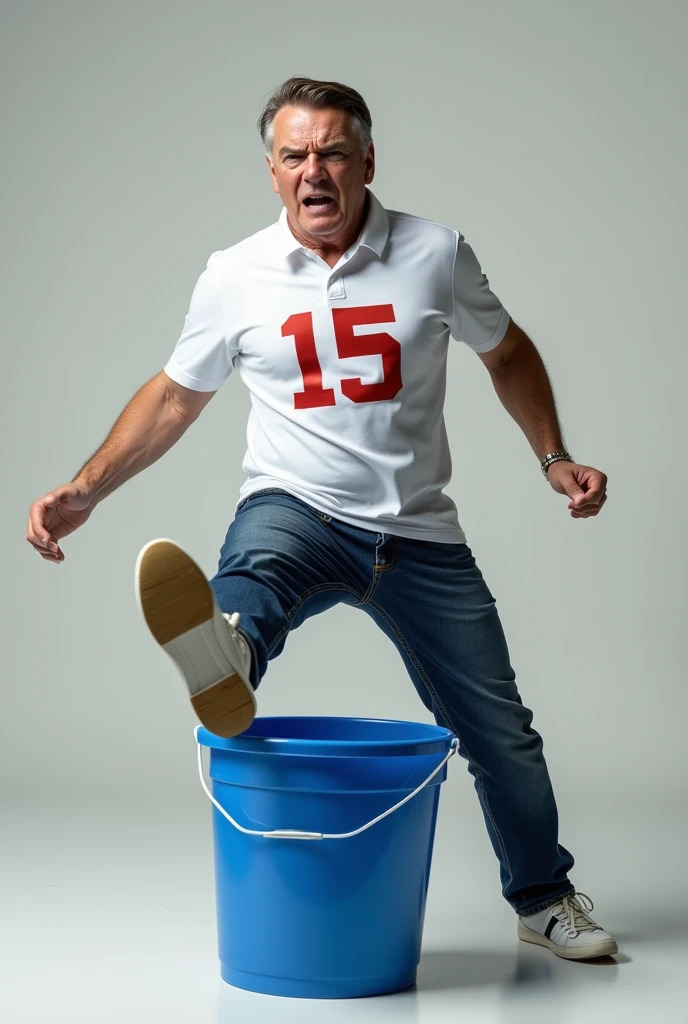 Bolsonaro wearing a white shirt with the number 15, kicking a blue bucket