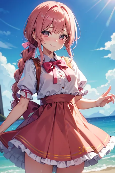 Kizi, braided ponytail, eyes browns, pink  hair, long hair, drlight smile, ear bow, skirt with ruffles, yellow skirt, puffy short sleeves, blush, looking ahead at viewer 