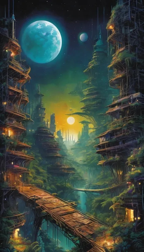 Enter the mysterious nighttime expanse of a deserted city, where moonlight cascades down on the skeletal remains of wooden structures, intertwined with the sturdy tendrils of jungle vegetation. Arriba, The cosmic tapestry is interrupted by the great spaces...