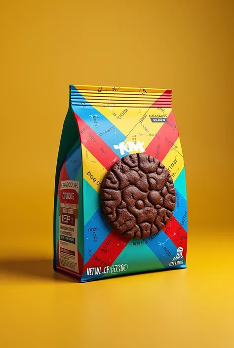 work on an image of a yellow, blue and red cookie packaging for some chocolate cookies with gum 