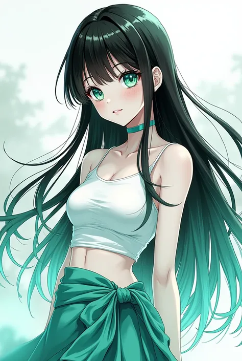 Monochrome manga art style, full clothed body portrait of a captivating anime female character, age 23, sleek black hair adorned with vibrant seafoam green streaks, stylishly slicked to one side showcasing bishōnen bangs, gracefully braided sidelocks frami...