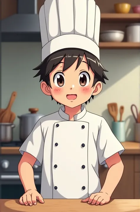 Generates an anime-style boy who is dressing up to go to the chef job 