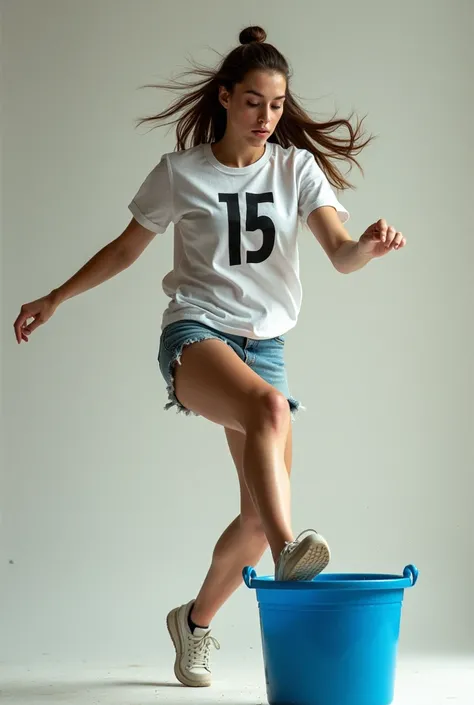 Woman wearing a white shirt with the number 15, kicking a blue bucket