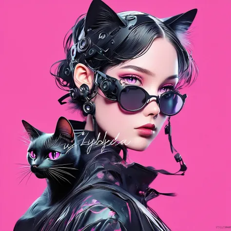 An anime with a black cat on a pink background, Goth Cat Girl Portrait, Catwoman, Anime-style illustrations, アニメスタイル 4K, Anime style portrait, Ilya Kubyshins stye. 4K, Catwoman, Artem and Ilya Kubyshin, Emo girl and her , Beautiful anime cat girl, Anime St...