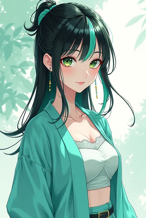 Monochrome manga art style, full clothed body portrait of a captivating anime female character, age 23, sleek black hair adorned with vibrant seafoam green streaks, stylishly slicked to one side showcasing bishōnen bangs, gracefully braided sidelocks frami...