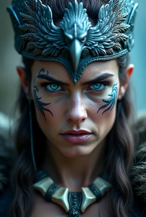 Close up face beautiful viking woman, wooden shield in hand , strong blue light in the eyes, eagle crown with many details , viking face paintings, Angry, bone necklace around the neck, battle armor, ready for war, braids in hair, blonde, looking 3