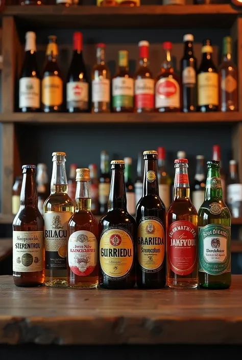 Image with common drinks on a shelf or bar 