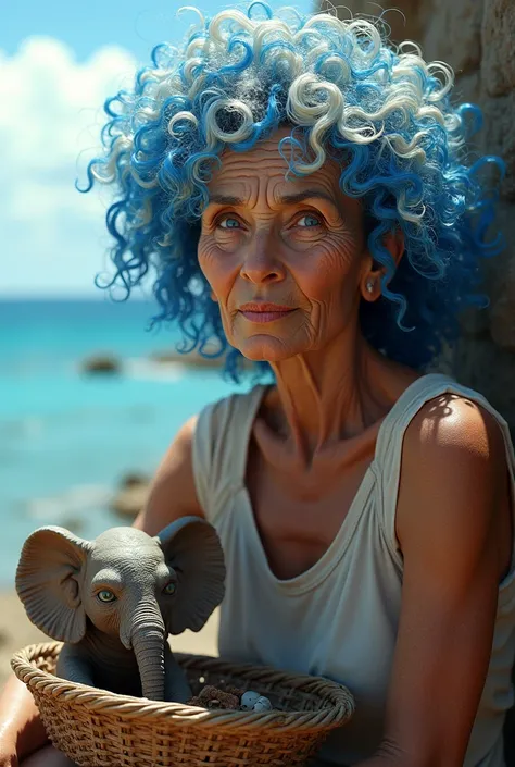 90 age Curly blue white haired woman 
with blue eyes،
There is an old basket next to it with a small elephant inside،
The woman in sea
Style 3D