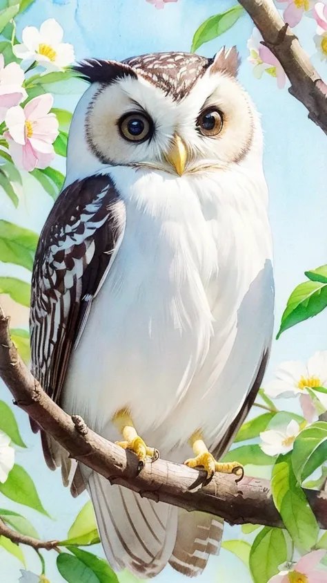 ((Highest quality)), ((masterpiece)), (detailed),front,White owl, Watercolor, , bright, Spring is beautiful, Big perfect eyes, Sparkling , Cute and adorable,