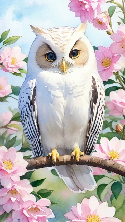 ((Highest quality)), ((masterpiece)), (detailed),front,White owl, Watercolor, , bright, Spring is beautiful, Big perfect eyes, Sparkling , Cute and adorable,