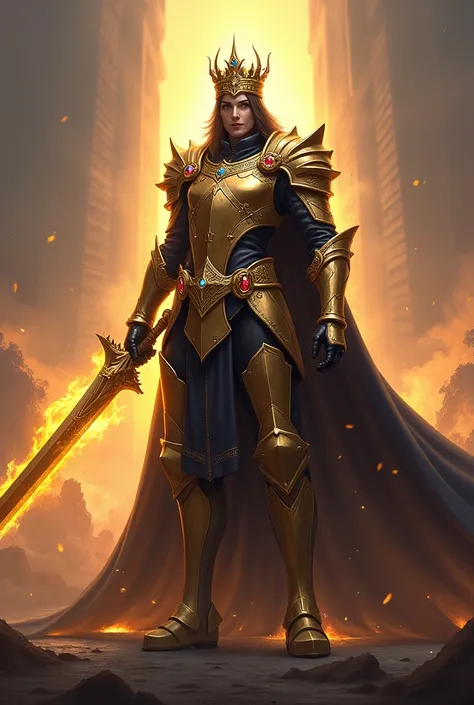  The Sovereign Monarch is a royal and imposing figure, dressed in golden and black armor that shines with a magical light. He carries a majestic crown on his head, encrusted with jewels that shimmer with arcane energy. In one hand, he wields an enchanted s...