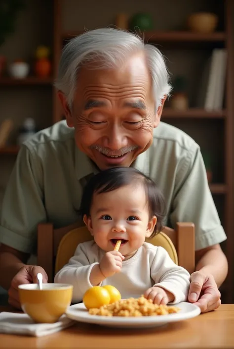 an indonesian baby celebrating her 6 month old age, sitting in a baby chair receiving her first solid meal. the baby is quite hairy Look happy and delightful. Her young grand father of 50 look surprised standing behind. The grandfather is still look young ...