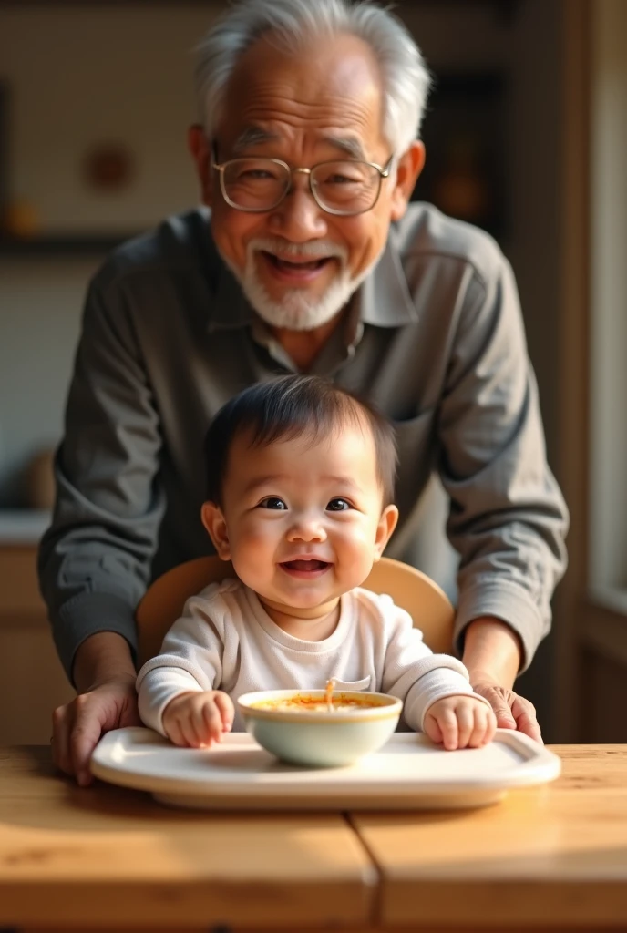 an indonesian baby celebrating her 6 month old age, sitting in a baby chair receiving her first solid meal. the baby is quite hairy Look happy and delightful. Her young grand father of 50 look surprised standing behind. The grandfather is still look young ...