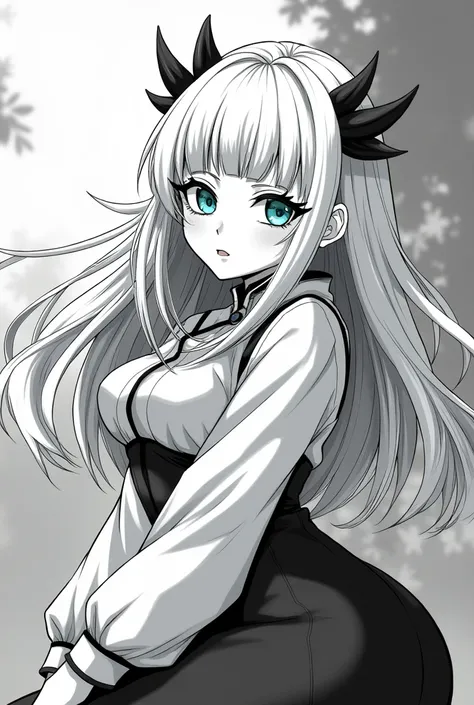 Monochrome manga illustration, Sisters Gojo character, striking blue eyes glowing in depth, ethereal pale skin contrasting with deep shadows, flowing white hair cascading gracefully, stylishly framing delicate features, accentuating an hourglass figure tha...