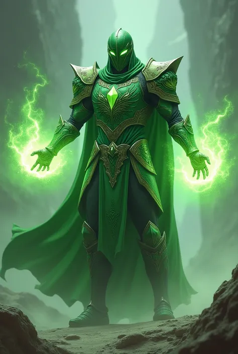 Warrior in green armor and a closed green helmet throwing a light green energy blast with his hands forward with a dragon on the tip 