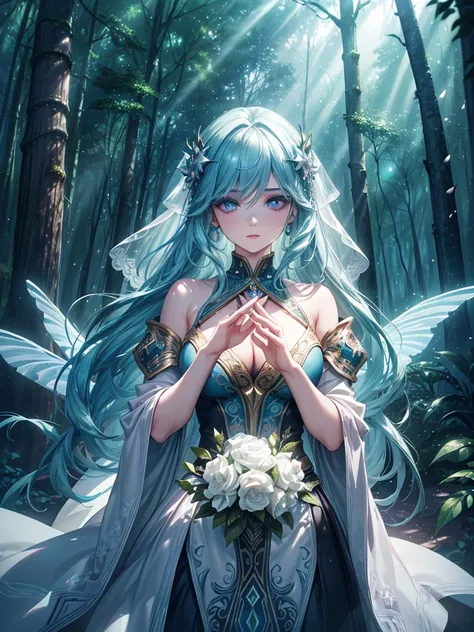 a mystical enchantress, beautiful detailed eyes, beautiful detailed lips, extremely detailed face, long eyelashes, magical flowing dress, ethereal glowing aura, fantasy forest clearing, sunlight filtering through trees, intricate patterns and symbols, vibr...