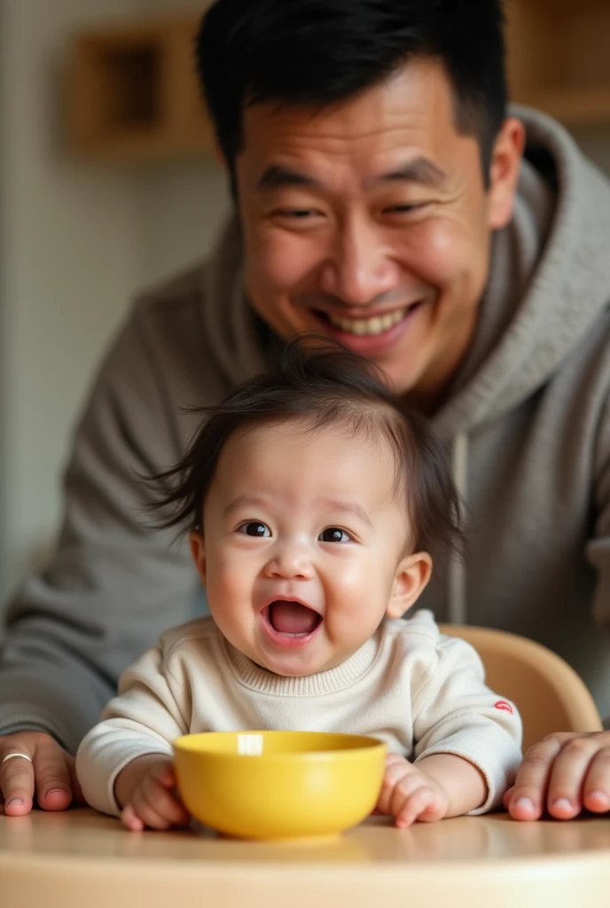 an indonesian baby celebrating her 6 month old age, sitting in a baby chair receiving her first solid meal. the baby is quite hairy Look happy and delightful. A middle age man look surprised standing behind.  Photo realistic UHD image