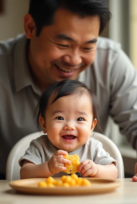 an indonesian baby celebrating her 6 month old age, sitting in a baby chair receiving her first solid meal. the baby is quite hairy Look happy and delightful. A middle age man look surprised standing behind.  Photo realistic UHD image