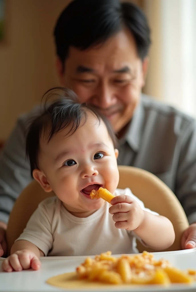 an indonesian baby celebrating her 6 month old age, sitting in a baby chair receiving her first solid meal. the baby is quite hairy Look happy and delightful. A middle age man look surprised standing behind.  Photo realistic UHD image