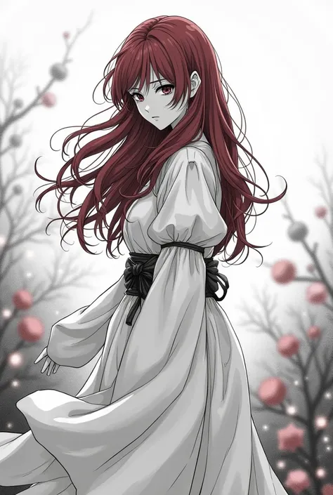 Monochrome Manga art style, melancholy female character, striking crimson hair cascading in waves, expressive sad eyes reflecting deep emotion, elegantly clothed in a flowing, modest garment that enhances her gentle silhouette, intricate fabric details and...