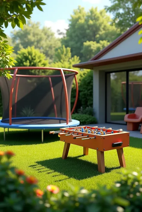 A trampoline with a foosball table next to it on a grassy patio