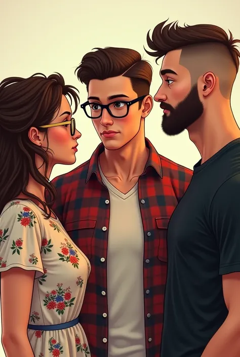 Make a man with short brown hair with glasses round hair and beard with plaid shirt, in the middle, white woman with long brown curly hair wearing gold-framed glasses and a floral dress . On the other side, man with shaved brown hair, beard and black t-shi...