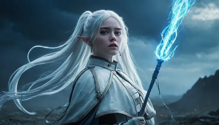 Photorealistic, reality, Frieren standing in the middle of a vast battlefield, her long white hair blowing in the wind, twin tails flowing with the dramatic movement. She holds a beautifully crafted staff, and a brilliant blue light emanates from its tip, ...