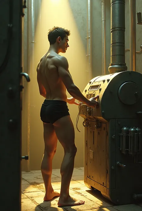 autochrome in golden and silver color, The subject is a young, fitness body, detailed face, detailed muscles, wearing shorts, barefoot, detailed hands, detailed feet, man in konstantine somov art style, operating a stained machine The scene is set on a min...