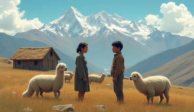 A 20-year-old young woman from the Peruvian Andes grazing 100 alpacas, Meeting a young man also from the Peruvian Andes, 1 , poor peasant grazing other people&#39;s animals . They both look at each other. with a house and the Andes in the background. Based...