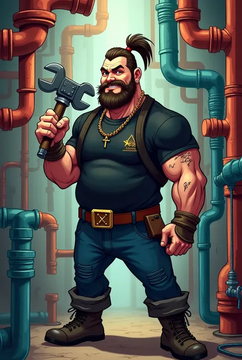 PLUMBER WITH SAMURAI PONYTAIL CUT,low beard ,NORMAL MUSTACHE AND GOATEE,heavy metal style  ,black clothing, with medium body ,IN THE MIDDLE OF THE CARTOON PIPES 
