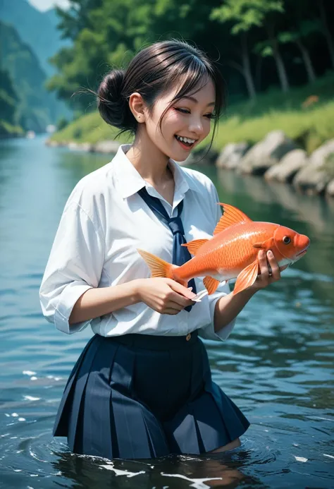 Japanese high school girl catches huge fish in river、happy