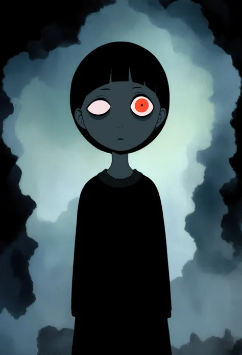 painting of a person standing in front of a red eye, yume nikki, animated film still, still from animated horror movie, inspired by Junji Ito, animation film still, one eye red, red-eyes, visible pupils, inspired by Gertrude Abercrombie, junji ito artwork,...