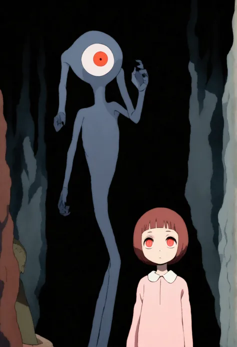 painting of a person standing in front of a red eye, yume nikki, animated film still, still from animated horror movie, inspired by Junji Ito, animation film still, one eye red, red-eyes, visible pupils, inspired by Gertrude Abercrombie, junji ito artwork,...