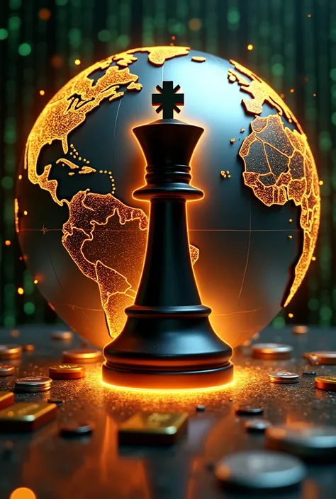 Prompt: Create an 8K ultra-high-definition wallpaper with a Matrix-inspired millionaire theme. The central element should be a stylized black and orange chess knight piece, symbolizing strategy and power. The knight is outlined in vibrant orange with a sol...