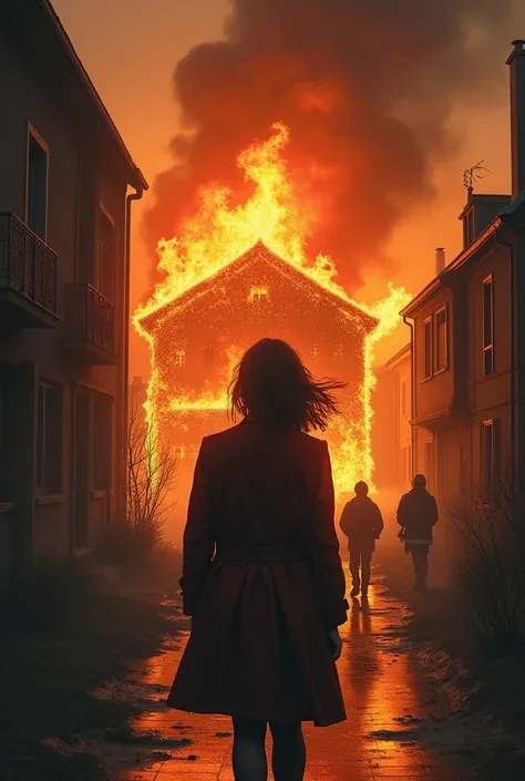 Une femme qui pris devant une maison qui prend feu