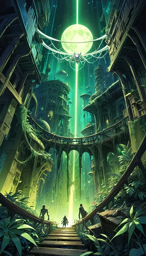 Enter the mysterious nighttime expanse of a deserted city, where moonlight cascades down on the skeletal remains of wooden structures, intertwined with the sturdy tendrils of jungle vegetation. Arriba, The cosmic tapestry is interrupted by the great spaces...