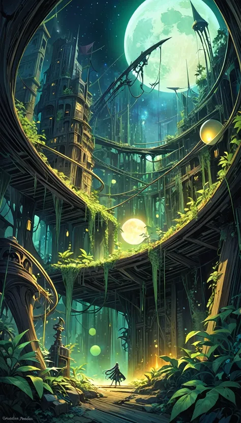 Enter the mysterious nighttime expanse of a deserted city, where moonlight cascades down on the skeletal remains of wooden structures, intertwined with the sturdy tendrils of jungle vegetation. Arriba, The cosmic tapestry is interrupted by the great spaces...