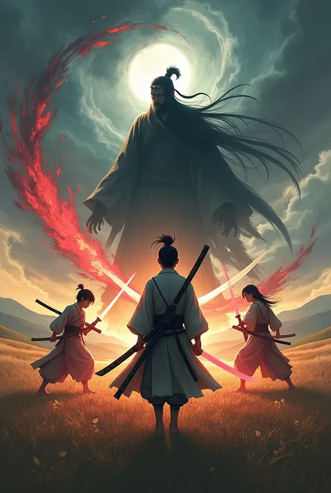 A final manga fight scene between a young man in samurai attire with black hair who carries a katana that has a red aura, his old master who carries a katana with a white aura and his best friend who carries a katana with a yellow aura against a villain wh...