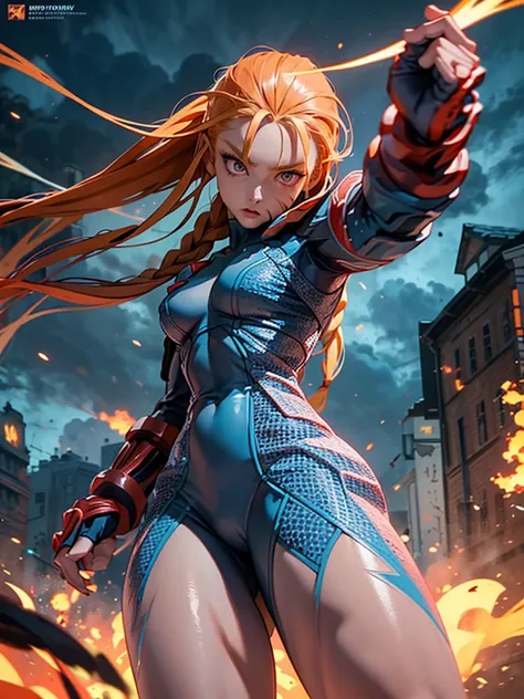 "A 4K render of a fierce female game character, mid-20s, with a powerful and athletic build. She has fiery red hair styled in a long, braided ponytail that cascades down her back. Her eyes are a striking amber, glowing with intensity and determination. She...