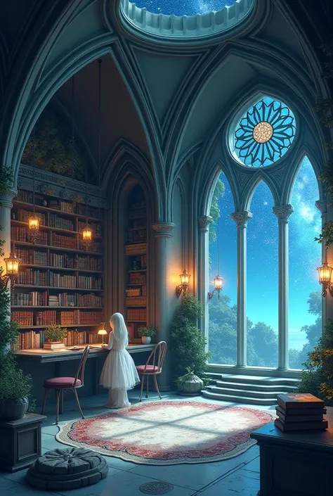 Image of the interior of a fairy retreat in outer space with a library with space for reading and creativity. Furniture with Gothic architectural features and in cool colors, window overlooking the galaxy. Window shows it&#39;s night. Cozy vibe.