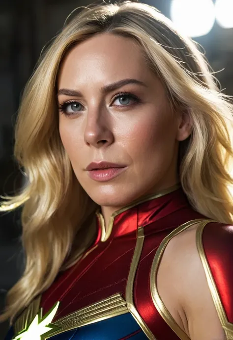 a female superhero,captain marvel,energy being held  emitting from her outsrtechted  hands and bodyand body ,powerful and sexy pose,cinematic lighting,vivid colors,cinematic composition,beautiful detailed eyes,beautiful detailed lips,extremely detailed fac...